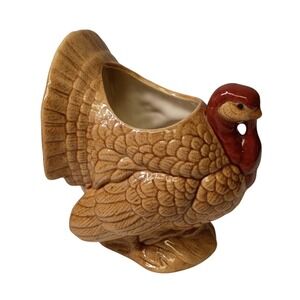 Ceramic Turkey Planter Thanksgiving‎ Table Centerpiece Vase Brown 6" Tall